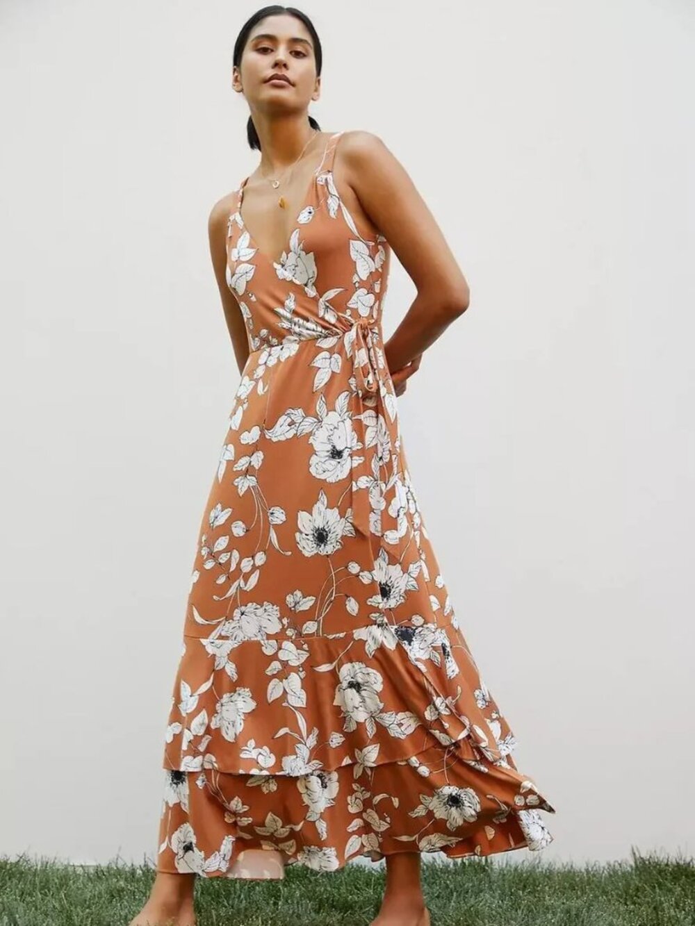 Anthropologie Ruffled Floral Midi Dress V Neck Tiered Faux Wrap Brown Medium